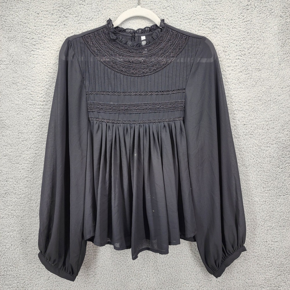 Mango Suit Black Lace Crochet Ruffle Neck Babydoll Blouse Womens Size 4 Small
